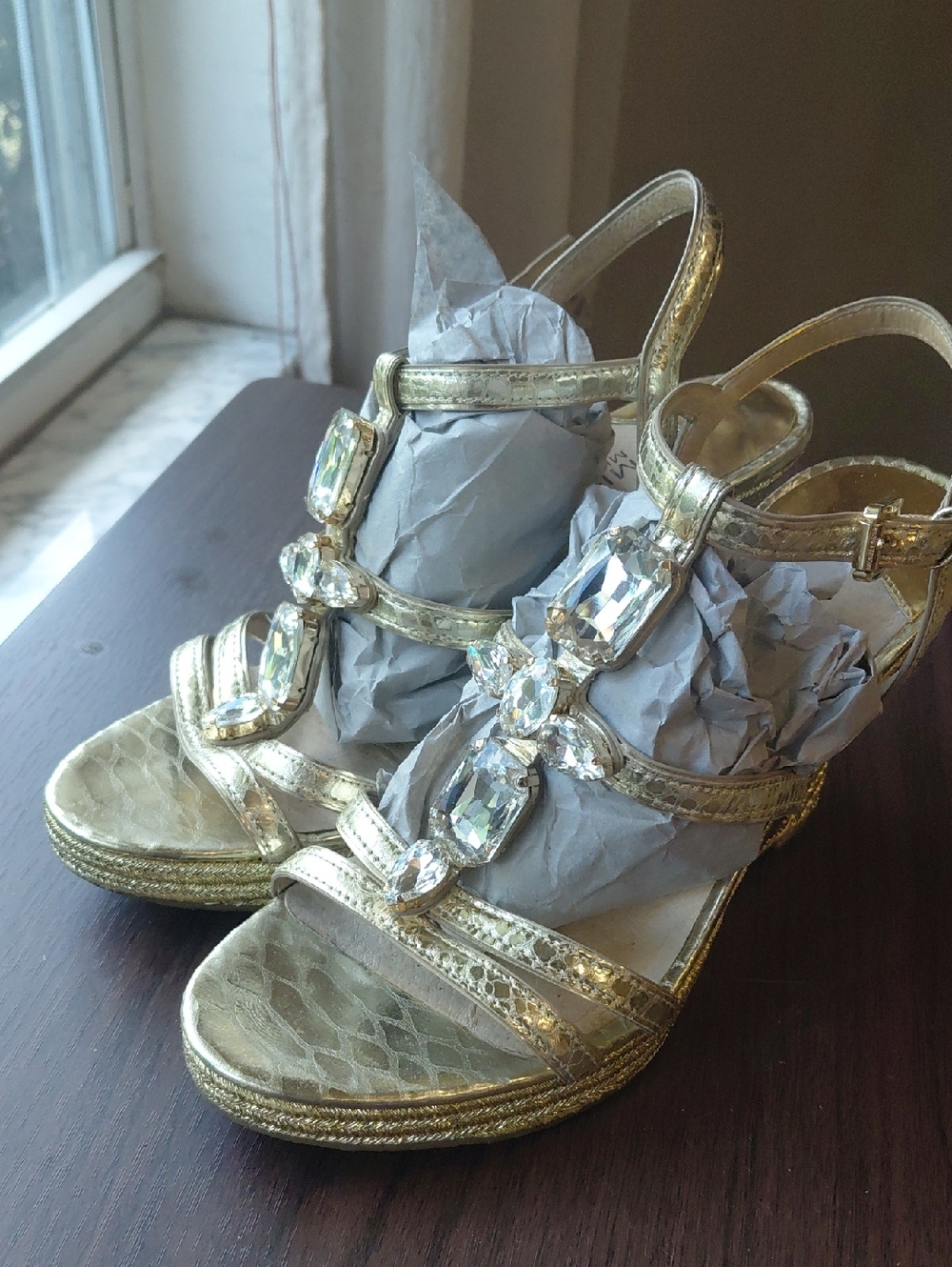 Michael Kors Gold Jeweled Espadrille Wedge Sandals Logo